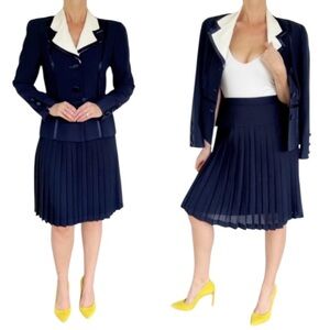 Vintage Gillian navy blue white matching blazer pleated skirt suit set size 6